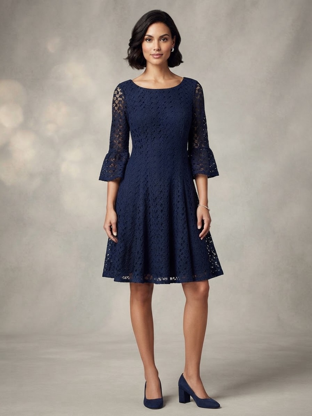 CHRIS McLaughlin Navy Blue Floral Lace Bell Sleeve Fit and Flare Dress